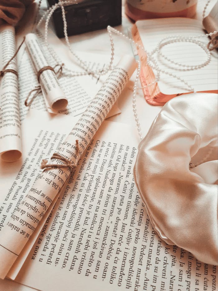 Aesthetic arrangement of rolled pages, satin fabric, and pearls creating a vintage still-life setting.